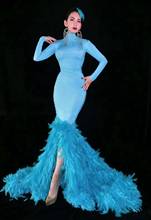 High Quality Blue Pearls Long Train Feather Trumpet Dress Dancer Outfit Bar Birthday Celebrate Dress Stage Prom Evening Dress 2024 - buy cheap