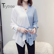 Tritree blusa casual de outono 2020, blusa de retalhos com decote em v, listra, cinto solto de moda, elegante, blusa estilo multiuso 2024 - compre barato