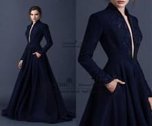 Navy Blue Satin Evening Dresses Embroidery Paolo Sebastian Dresses Custom Made Beaded Ball Gown Plunging V Neck Prom Gowns 2024 - buy cheap