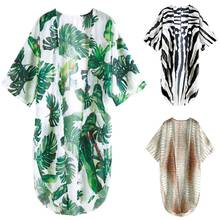 Women Summer Boho Flowy Kimono Cardigan Leaves Zebra Snakeskin 3D Print Bikini Swimsuit Cover Up Open Front Chiffon Beach M6CD 2024 - buy cheap