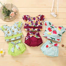 Conjunto de roupas femininas para bebês, 2 pçs, top 0 com estampa de frutas e folhos, manga curta + shorts triangular, bloomers, verão, 0-18m, 2021 2024 - compre barato