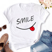2021 nova marca de verão moda feminina magro algodão camiseta com impressão sorriso e manga curta 3 cores t camisa 2024 - compre barato