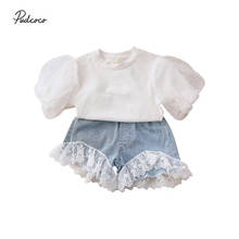 Little Girls Outfits 2-piece Fashion Summer Puff Sleeve Top + Lace Patchwork Denim Shorts Set 2024 - buy cheap