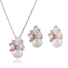 FYJS Unique Rose Gold Color Synthetic Pearl with Rhinestone Pendant Flower Necklace Drop Earrings Temperament Jewelry Sets 2024 - buy cheap