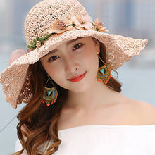 Sombrero de sol con lazo de rafia y flores para mujer, sombrero de ala grande, plegable, protección solar para playa, H9 2024 - compra barato
