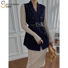 Women Vest Suit Female Waistcoat 2021 Spring New Elegant Romantic Loose Mid-Long Straight Check Notched Collar Buttons Pocket BF 2024 - buy cheap