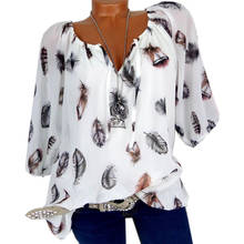 5XL Plus Large Size Women's Blouses Summer Tops New Leisure Blouse White Loose Feather Print V Neck Half Sleeve Shirts Blusas 2024 - buy cheap