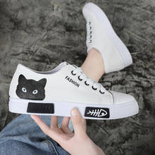 Zapatillas vulcanizadas de lona para mujer, zapatos planos informales con dibujos de gatos, color blanco 2024 - compra barato