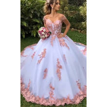 White Ball Gown Wedding Dresses with Pink Lace Appliques Off the Shoulder Bride Dress Wedding Gowns 2020 2024 - buy cheap