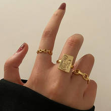 Ksra conjunto de anéis de corrente neo-gótico 3 com corrente, para mulheres, ouro, geométrico, moeda quadrada, joias, acessórios para dedos 2024 - compre barato