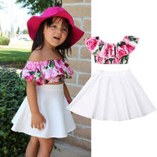 Модная летняя одежда из 2 предметов для маленьких девочек топы с открытыми плечами и цветочным принтом + Однотонная юбка, комплект одежды 2024 - купить недорого