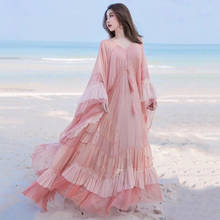 New Summer Runway Women Bohemian Mesh Big Swing Long Dress Sexy V-Neck Batwing Sleeve Ruffles Elegant Vacation Beach Dresses 2024 - buy cheap