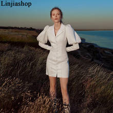 Linjiashop autumn women vintage white mini dress notched lantern sleeve elegant long sleeve single breasted high waist femme 2024 - buy cheap