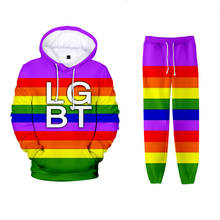 Conjunto de moletom manga longa com capuz masculino e feminino, 2 peças, estampa 3d lgbt, de alta qualidade, traje esportivo colorido de arco-íris, calça com capuz, outono 2020 2024 - compre barato