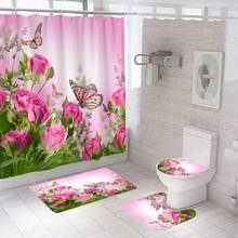 Cortina de chuveiro com borboletas e tapete antiderrapante, cortina de banheiro de poliéster à prova d'água com ganchos, flor rosa 2024 - compre barato