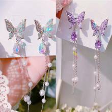 2020 Fashion Korean Shiny Butterfly Rhinestone Drop Earrings For Women Elegant Pearl Tassel Pendientes Party Jewelry 2024 - buy cheap