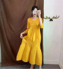 Miyake pleated dress  long autumn new pleated lantern dresses large size loose seven-point sleeve flower dress 2024 - buy cheap