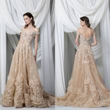 Champagne Evening Dresses Sexy Off Shoulder Lace Appliques Prom Gowns Custom Made Sweep Train A Line Special Occasion Dress 2024 - buy cheap