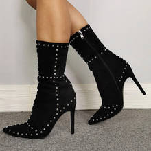 MKKHOU Fashion short Boot Woman 2020 New leather velvet tip rivet side zipper slim-heeled high-heeled boot woman boot size 36-47 2024 - buy cheap