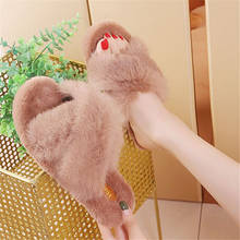 Fur Slides Winter Warm Fluffy Slippers Women Home Slippers Cute Rabbit Indoor House Shoes Plush Floor Shoes Pantoufle Femme 2020 2024 - buy cheap
