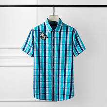 Minglu-camisas de lujo para hombre, camisa de manga corta a cuadros azules, con insignia bordada, informal, de talla grande 4xl, ajustada 2024 - compra barato