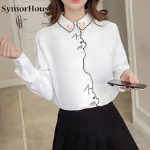 Women Blouses Shirt Embroidery Pattern lovely Cat White Shirt Female Women Tops Long Sleeve Office Girl Shirt Female Blusa 2024 - buy cheap