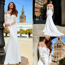 Elegant Satin Long Sleeves Mermaid Dresses 2021 Sheer O Neck Lace Appliques Vestidos De Novia Button Illusion Formal Bride Dress 2024 - buy cheap