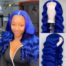 Topodmido-Peluca de cabello humano ondulado de Color azul indio, postizo de encaje frontal, 150 DensityNatural, Remy 2024 - compra barato