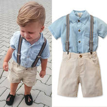 3PCs Baby Kids Boys Gentleman Suits short sleeve blue button shirt top white Bib Pants Clothes Set Newborn boys Outfits 2024 - buy cheap