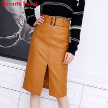 2022 Spring New Genuine Leather Skirt Women Female Vertical Stripes Thin High Waist Jupe Mujer Split Mid-Length Ginger Saias 2024 - buy cheap