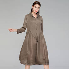 Vestido de linterna Miyake de primavera para mujer, plisado, Cuello medio abierto, manga larga, línea A suelta y delgada, pliegues de longitud media 2024 - compra barato