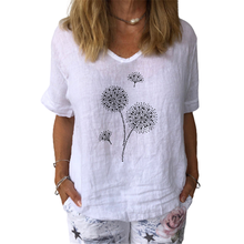Casual Dandelion Print Cotton And Hemp T-shirt Summer Women V-Neck Short Sleeve White Top Fashion Street Grey Blue Female Tshirt 2024 - buy cheap