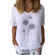 Camiseta de algodão e cânhamo de impressão casual de dandelion verão mulher com decote em v manga curta branco topo moda rua cinza azul feminino tshirt 2024 - compre barato