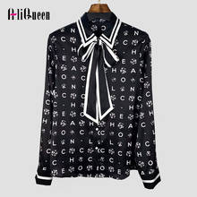 2021 Vintage Letters Print Bow Neck Imitation Mulberry Silk Womens Blouse Shirts Elegant Ladies Black Shirt Female Tops Blusas 2024 - buy cheap