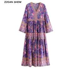 2019 Bohemia V neck Purple Leaves Floral print Dress Ethnic Woman Flare Long Sleeve Stitching Pleated Hem Dresses Holiday Beach 2024 - buy cheap