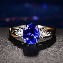 Anillo abierto con gemas de dos tonos para mujer, sortija de boda de corte ovalado y circonita azul, joyería de compromiso de boda, joyería fina para fiesta 2024 - compra barato