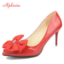 Aphixta sapatos de salto alto vermelho, cristais brilhantes, laços, flores, bico fino, couro de patente, laço borboleta, tamanhos grandes 45 46 47 48 2024 - compre barato