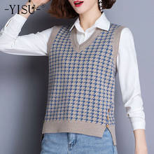 YISU Spring sleeveless Women Sweater waistcoat V-Neck Buttons  houndstooth Spring tops Female Loose Casual knitted vest sweater 2024 - buy cheap
