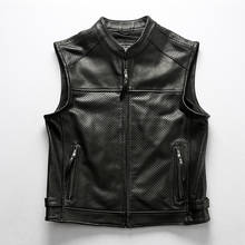 Men's Mesh Breathable Cowhide Perforated Zippper Slim Fit Thick Genuine Leather New Motorcycle Vest Vintage Classic Coat 2024 - compre barato
