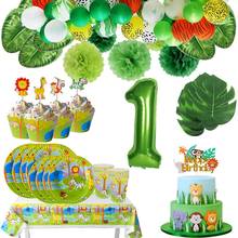 Vajilla de animales de Safari de la selva, globos con número verde, adornos para cupcakes, cumpleaños para niños, Baby Shower, suministros para fiesta de cumpleaños 2024 - compra barato