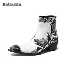 Batzuzhi 6.5CM High Heel Botas Hombre Men Boots Iron Toe Black White Men Genuine Leather Boots Men Ankle Party and Wedding Botas 2024 - buy cheap