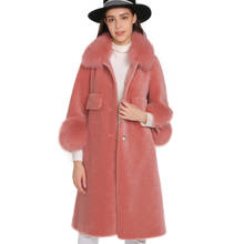 Abrigo de piel de oveja auténtica para mujer, abrigo largo con cuello de piel de zorro Real, puños elegantes de lana para invierno 2024 - compra barato