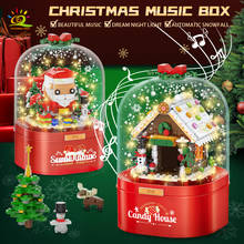 HUIQIBAO Christmas Gifts Santa Claus House Music Box Model Building Blocks City DIY New Year Bricks Toys For Children Friends 2024 - buy cheap