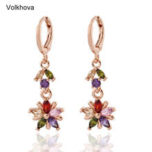 Volkhova Shiny Colorful Crystals Cubic Zirconia Three Flower Design Long Drop Earrings for Women Party Queen Wedding Jewelry 2024 - buy cheap