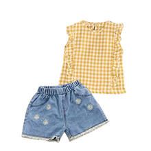 Conjunto de roupas xadrez amarela sem mangas para crianças, 1-6 anos, 2021, colete + shorts de denim com margaridas, roupas de verão 2024 - compre barato