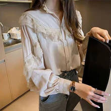 Blusa feminina gola alta renda manga comprida, camisa feminina estilo vintage primavera outono sp868 2024 - compre barato