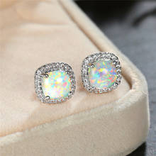 Cute Female Blue White Opal Earrings Small Silver Color Stud Earrings Vintage Square Zircon Wedding Earrings For Women 2024 - buy cheap