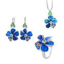 925 Sterling Silver Female  Luxury Big Jewelry Sets Blue Crystal & Enamel Flower Excellent Earring Ring for Woman Girl Jewelry 2024 - buy cheap