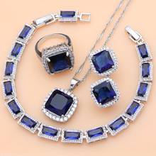 925 Silver Wedding Jewelry Sets Blue Sapphire White CZ Beads Decorations for Women Earrings/Pendant/Necklace/Ring/Bracelet 2024 - buy cheap
