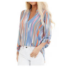 Fashion Women Long Sleeve Stripe Print Blouse V Neck Shirt Office Ladies Party Elegant Streetwear femininas Plus Size S-2XL 2024 - buy cheap